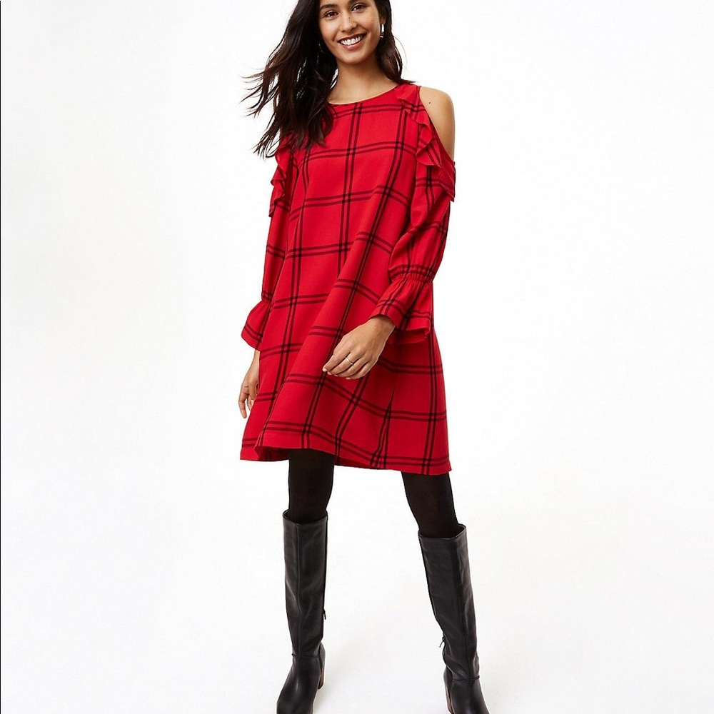 LOFT — red and black cold shoulder dress
